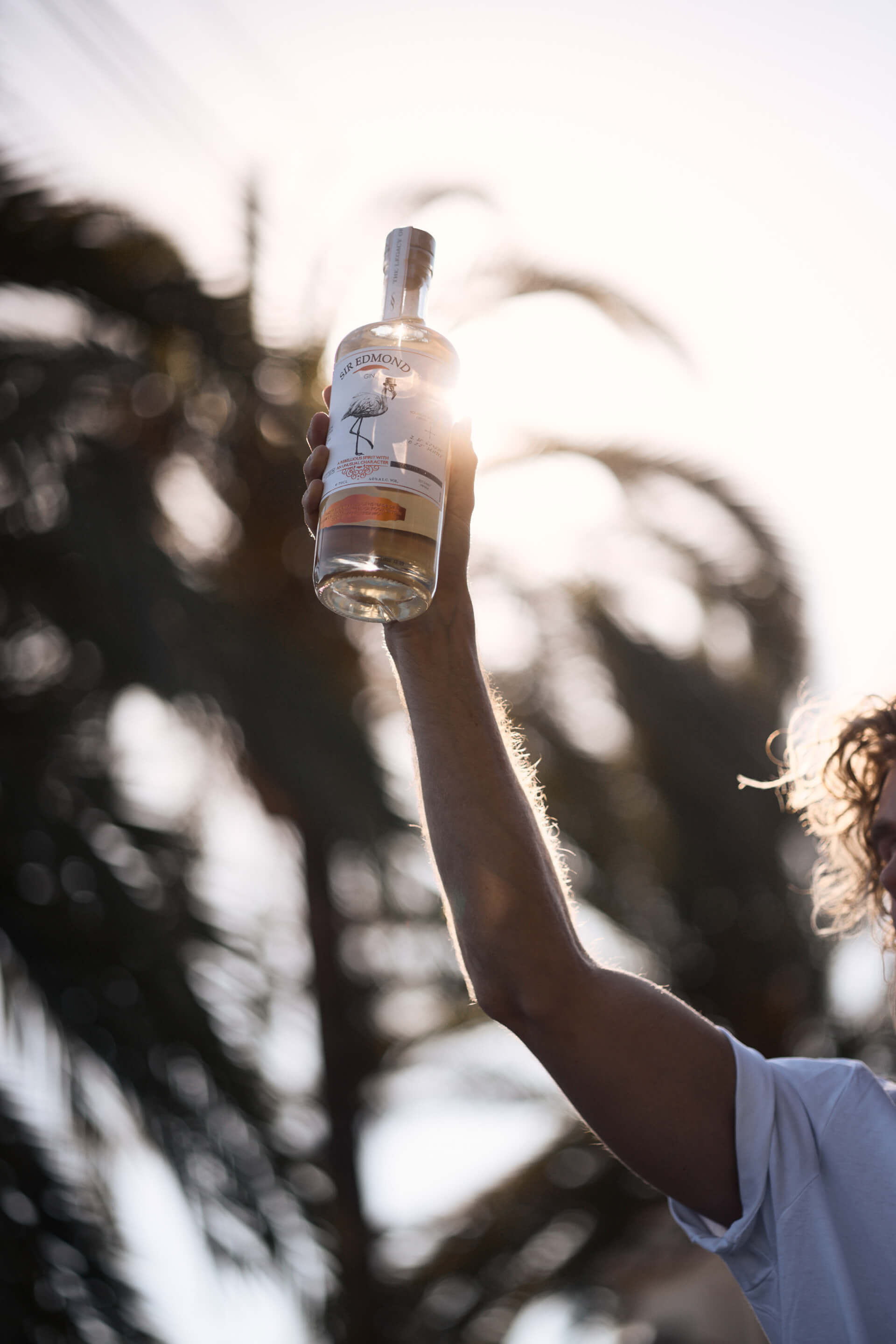 Sir Edmond Gin bottle being held up in the air.