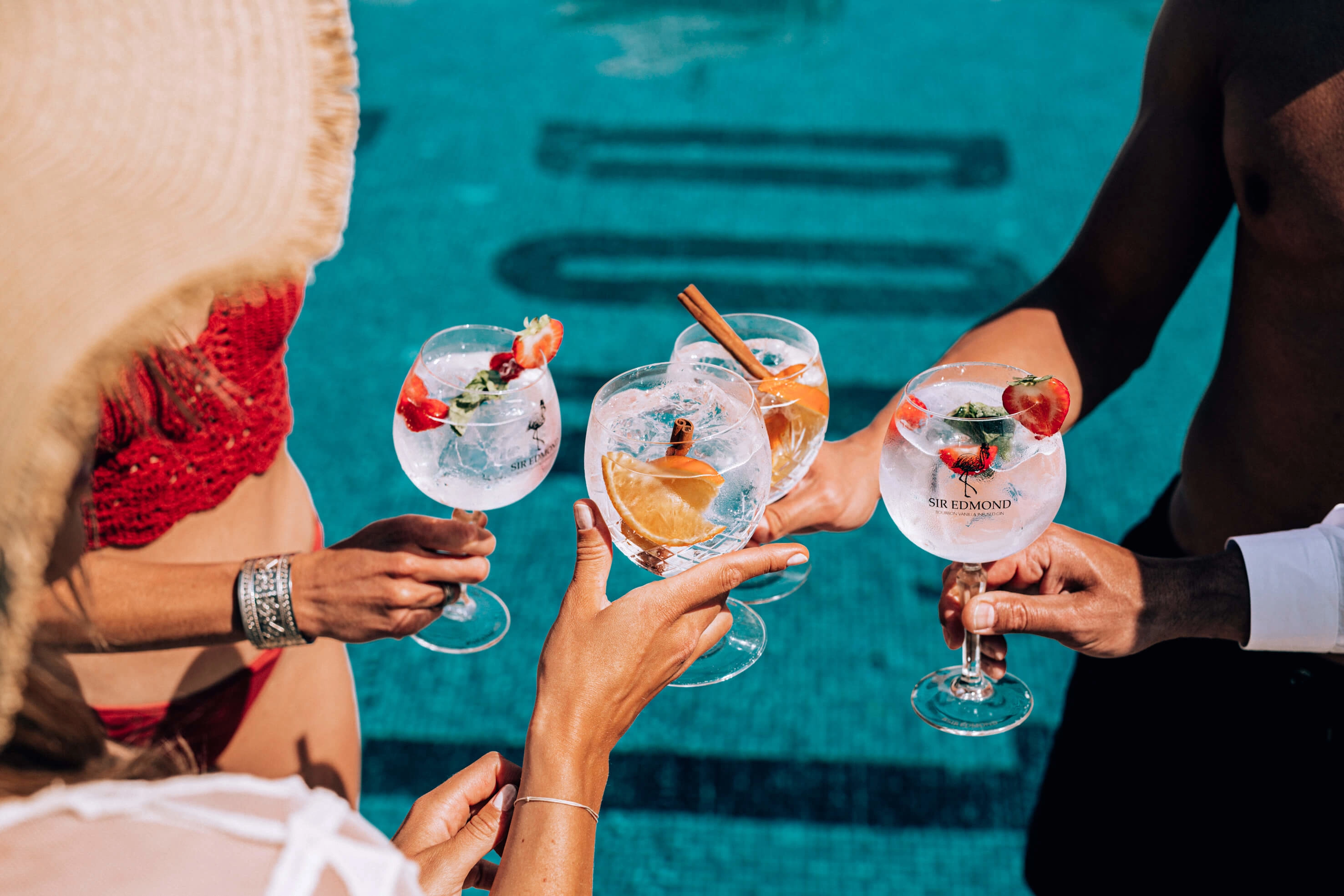 Summer branding image, toasting with Sir Edmond Gin cocktails.