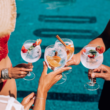 Summer branding image, toasting with Sir Edmond Gin cocktails.